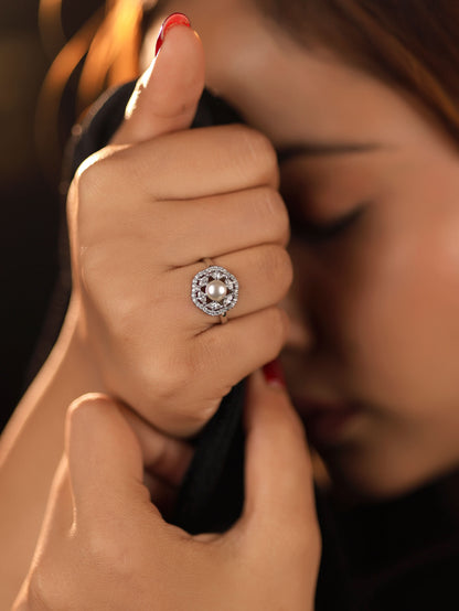 American Diamond Silver White Pearl Pleted Delicate Adjustable Free Size Ring