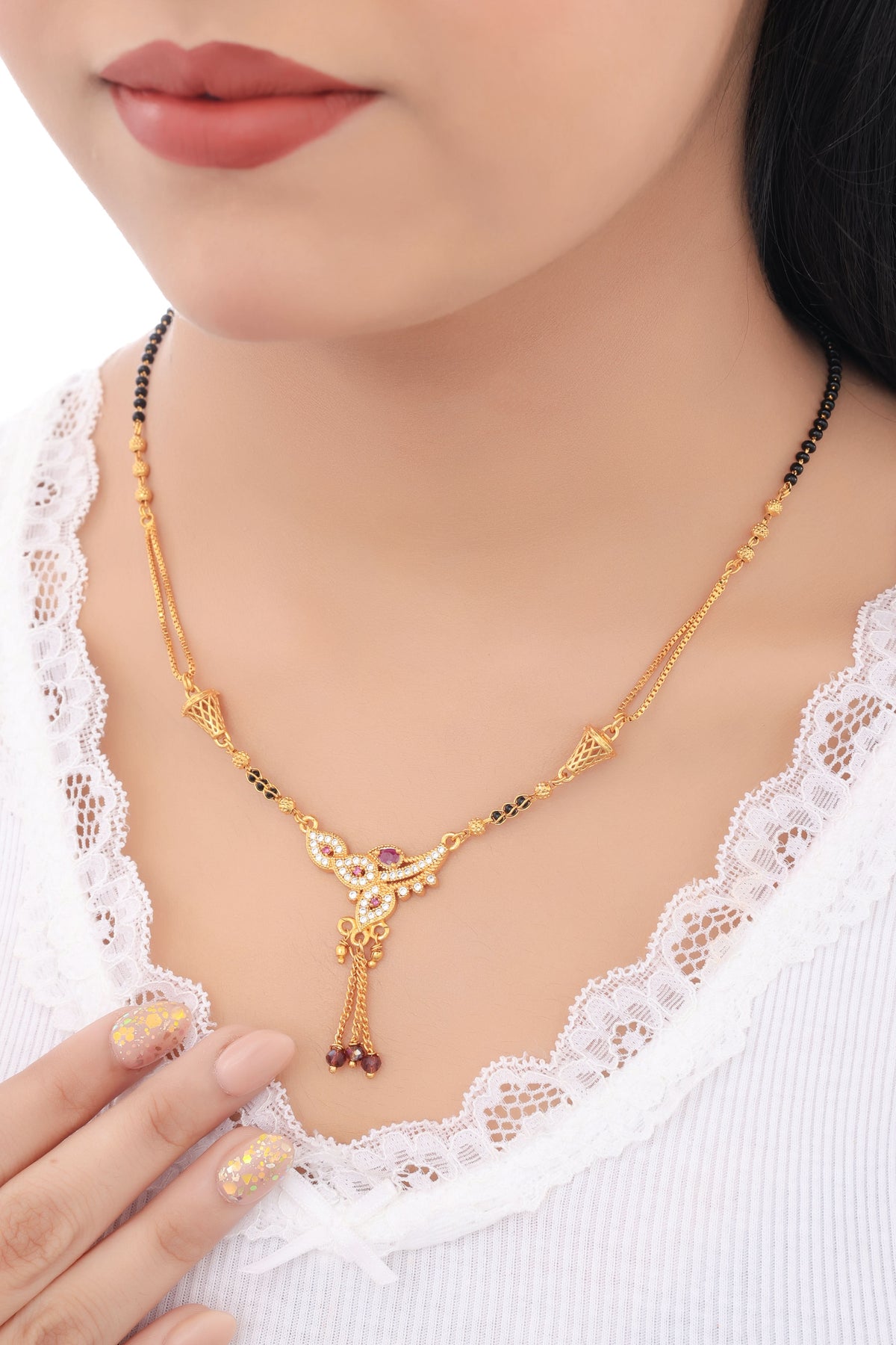 Buy 1 Get 1 Free - Designer CZ Floral Drop Mangalsutra with Black Beads - Mangalsutra - Belleza Jewels