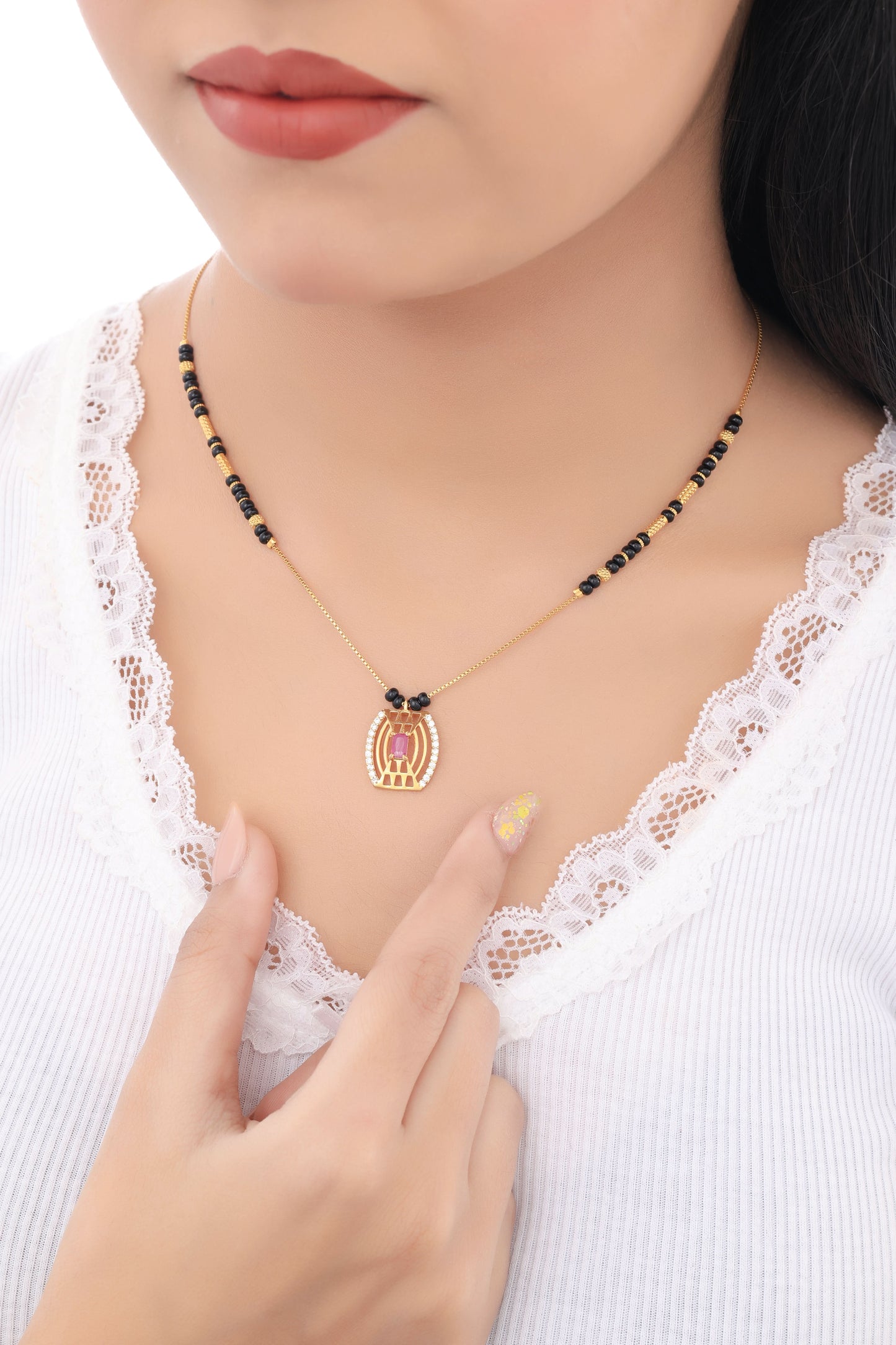 Buy 1 Get 1 Free - American Diamond Ruby Gold Plated Delicate Fancy Mangalsutra