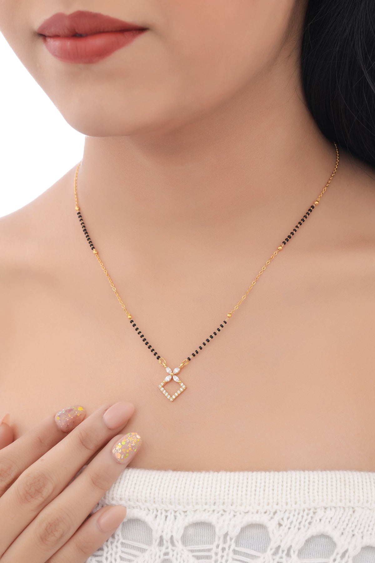 Buy 1 Get 1 Free - Minimal Diamond-Shaped CZ Mangalsutra Necklace (Black Beads Chain) - Mangalsutra - Belleza Jewels