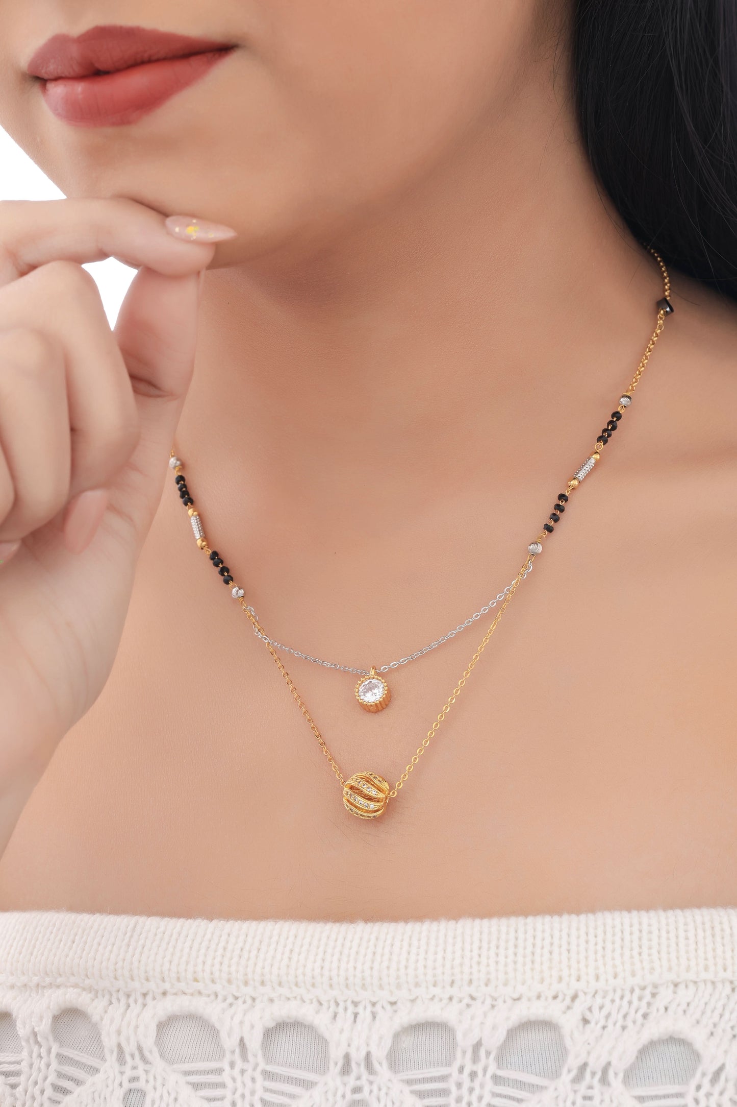 BUY 1 GET 1 FREE -  American Diamond Round Ball Double Step Tutone Fancy Delicate Mangalsutra