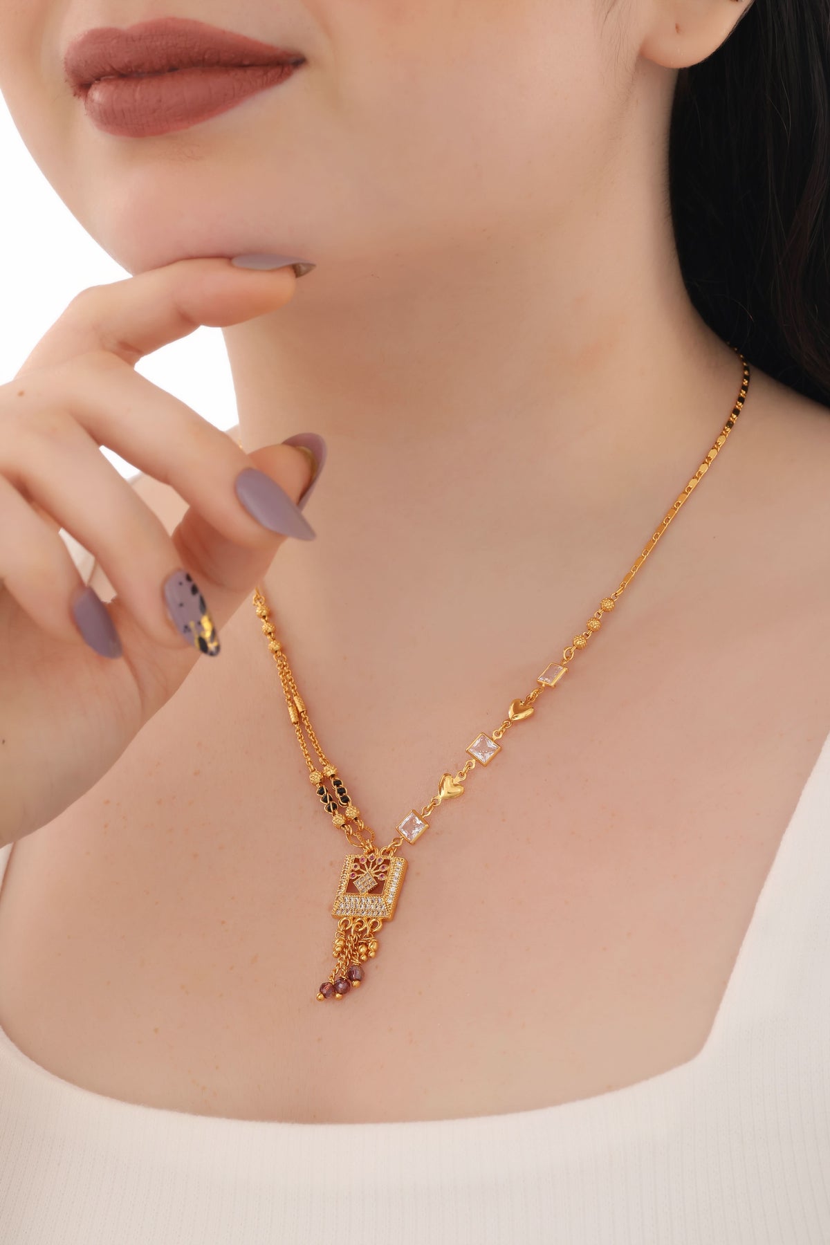 Buy 1 Get 1 Free - Square Diamond Style Tassel Drop Black Beads Mangalsutra - Mangalsutra - Belleza Jewels