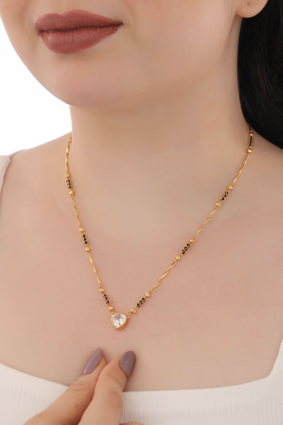 Buy 1 Get 1 Free -Gold Plated Heart Pendant Mangalsutra with Black Bead Accents - Mangalsutra - Belleza Jewels