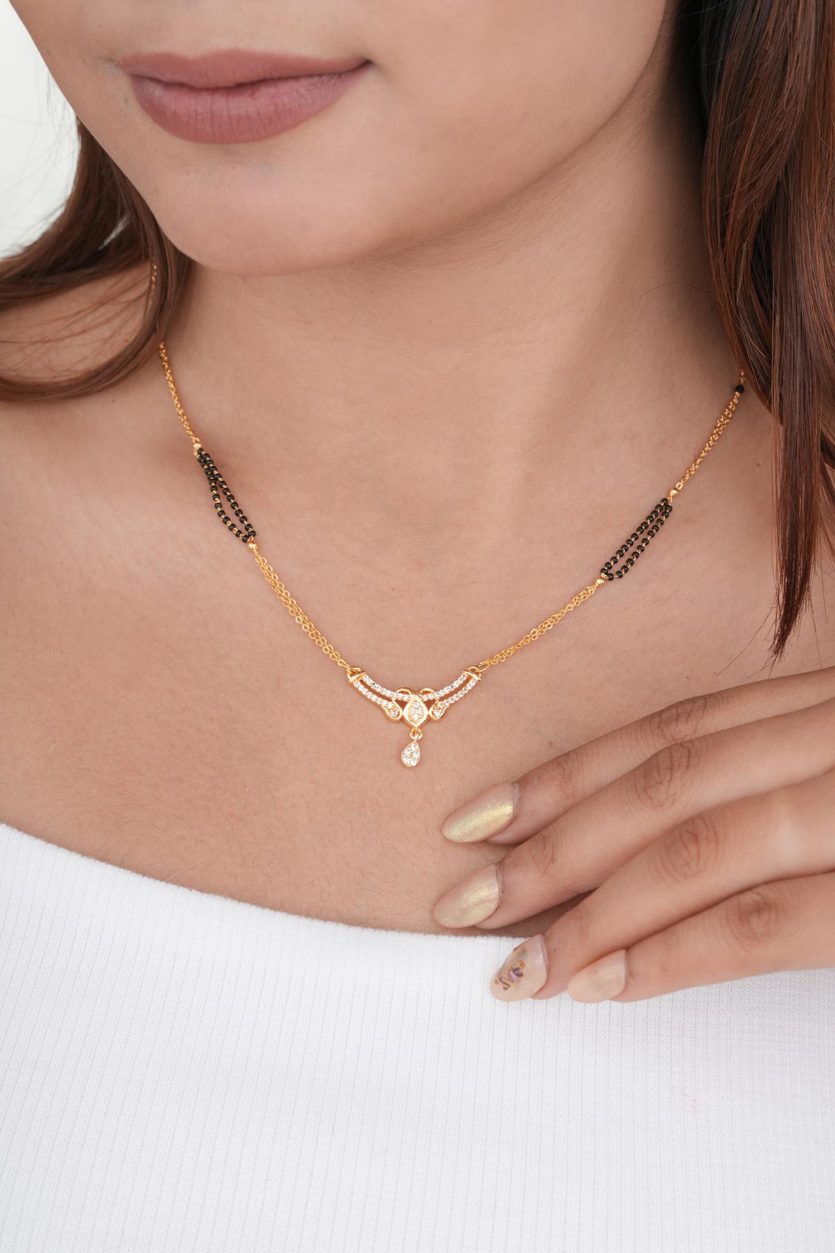 Buy 1 Get 1 Free - Gold Finish Curved Crystal Drop Minimal Mangalsutra - Mangalsutra - Belleza Jewels