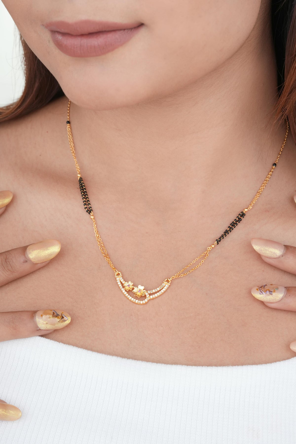 Gold Finish Curved Floral Crystal Minimal Mangalsutra