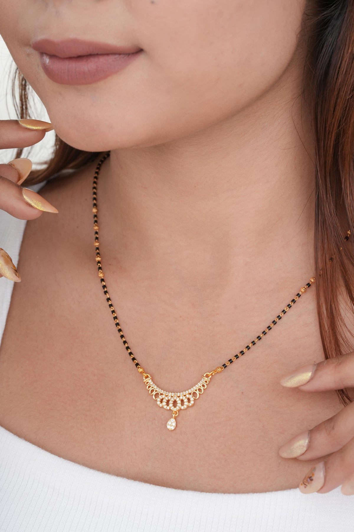 Gold Finish Scallop Arc Crystal Drop Minimal Mangalsutra - Mangalsutra - Belleza Jewels