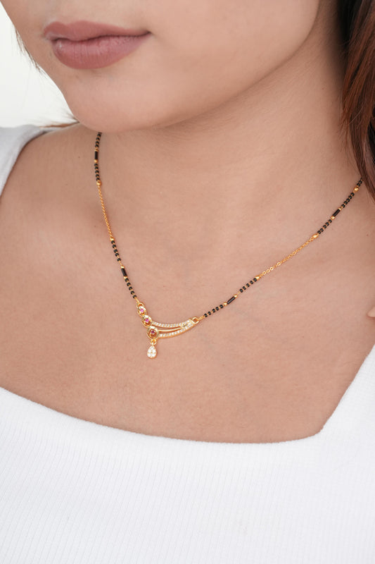 Buy 1 Get 1 Free - Gold Finish Ruby Triple Stone Curved Minimal Mangalsutra