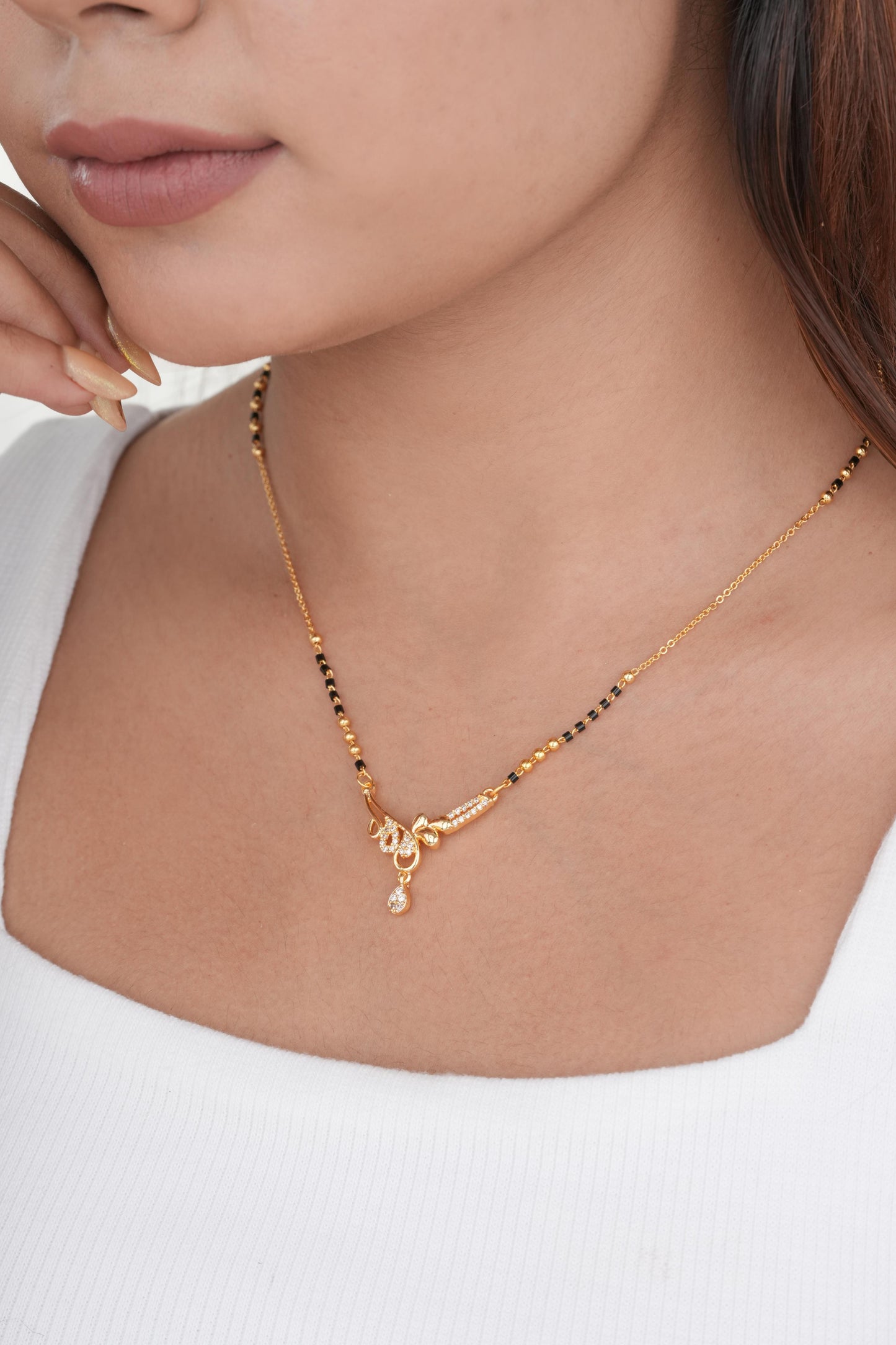 Buy 1 Get 1 Free -Gold Finish Asymmetric Crystal Bar Drop Mangalsutra