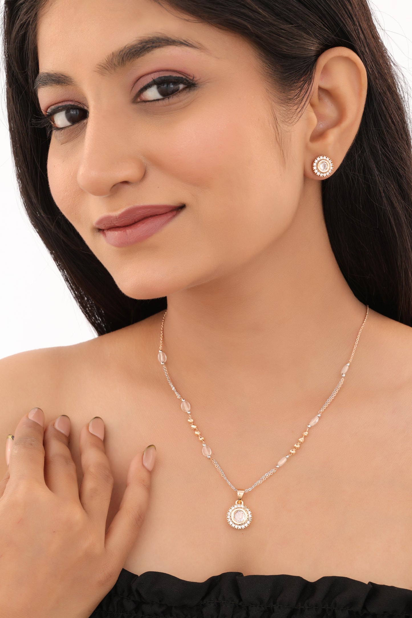 Rose Gold Finish Oval Stone Pendant Necklace Set with Stud Earrings - Pendant Set - Belleza Jewels