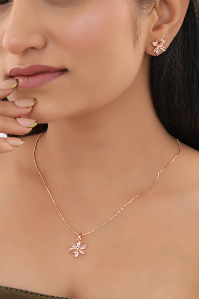 Rose Gold Floral Pendant Necklace - Pendant Set - Belleza Jewels