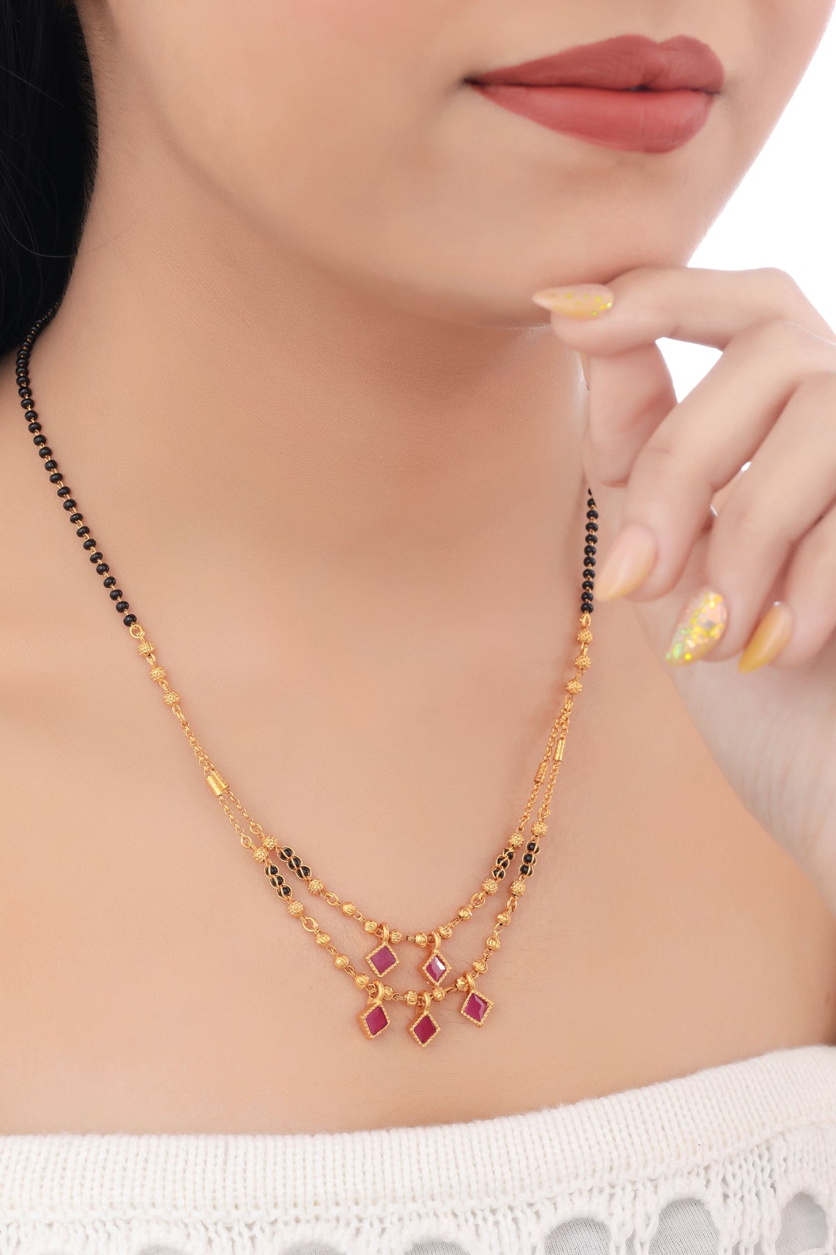 Buy 1 Get 1 Free -Ruby Square Drop Layered Mangalsutra - Mangalsutra - Belleza Jewels