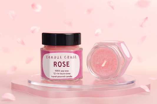 Rose-scented candle with a pink background