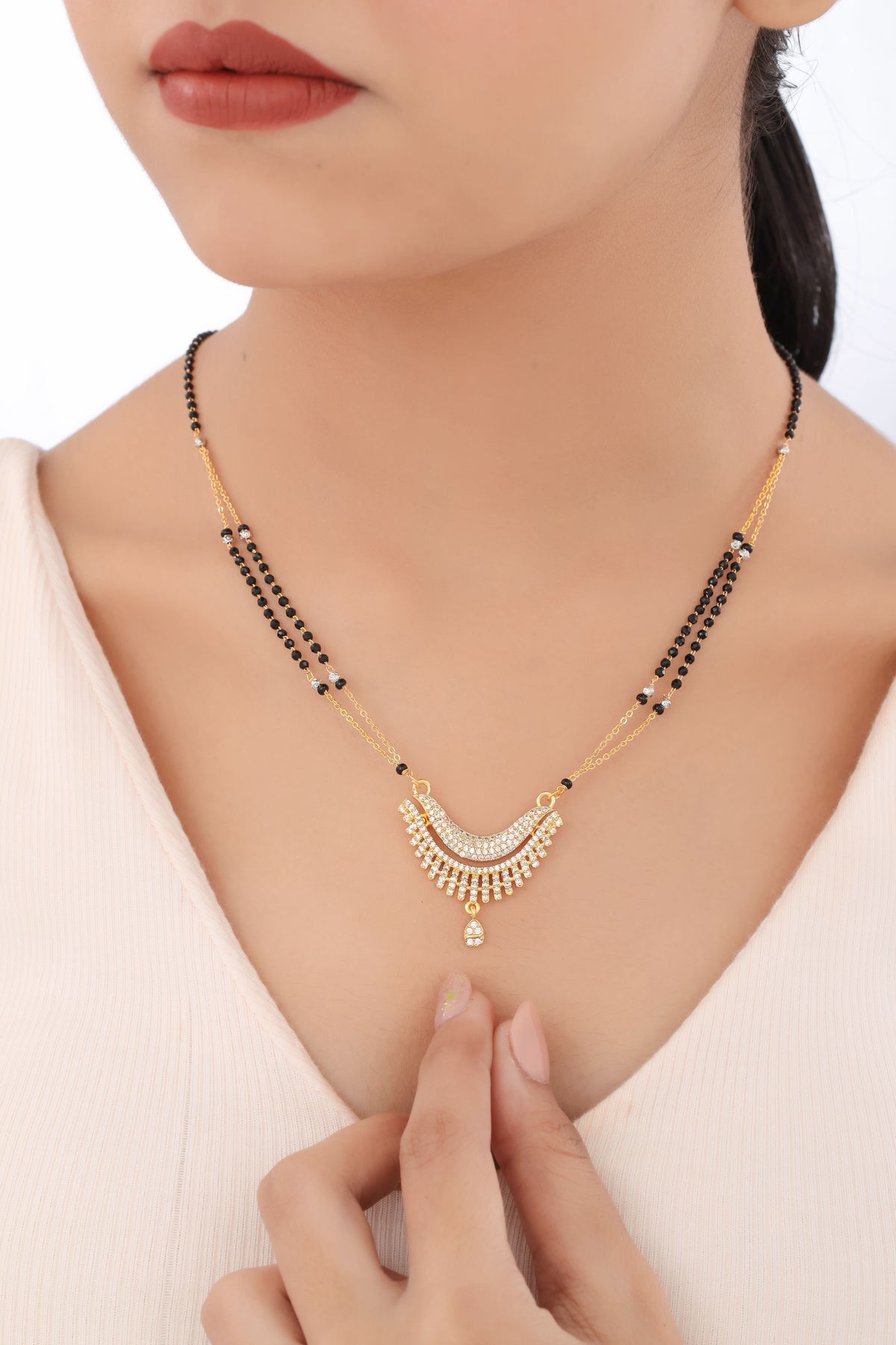 Buy 1 Get 1 Free -  Gold Plated Layered Crescent Pendant Mangalsutra with Black Beads - Mangalsutra - Belleza Jewels