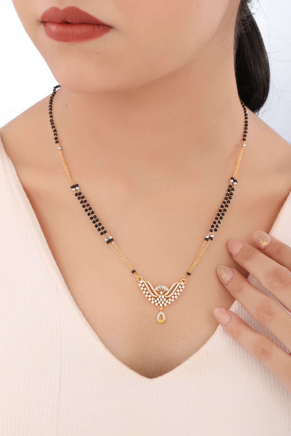 Buy 1 Get 1 Free -Gold Finish Curved Crystal Pendant Dual-Line Mangalsutra - Mangalsutra - Belleza Jewels