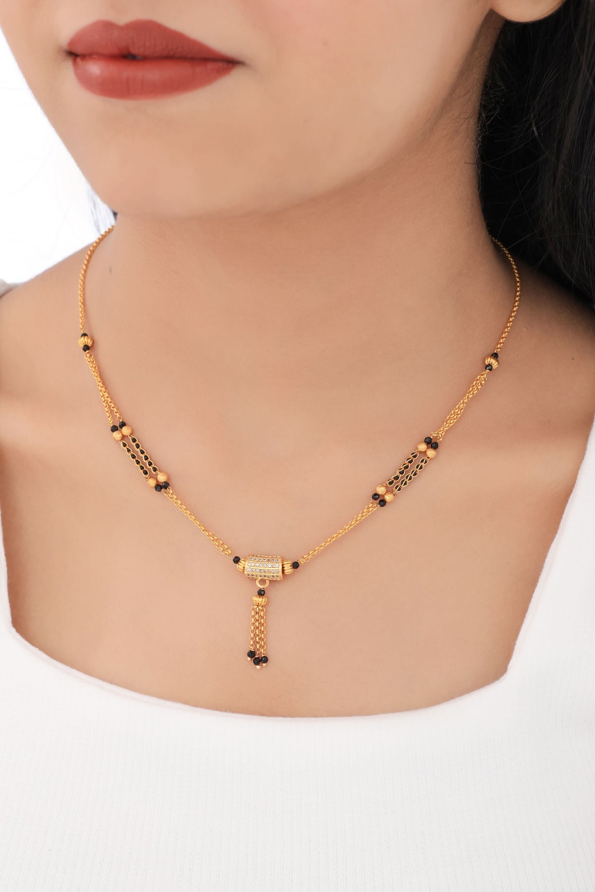 Buy 1 Get 1 Free - Cylinder CZ Tassel Mangalsutra | Dual Chain Black Beads Gold Necklace - Mangalsutra - Belleza Jewels