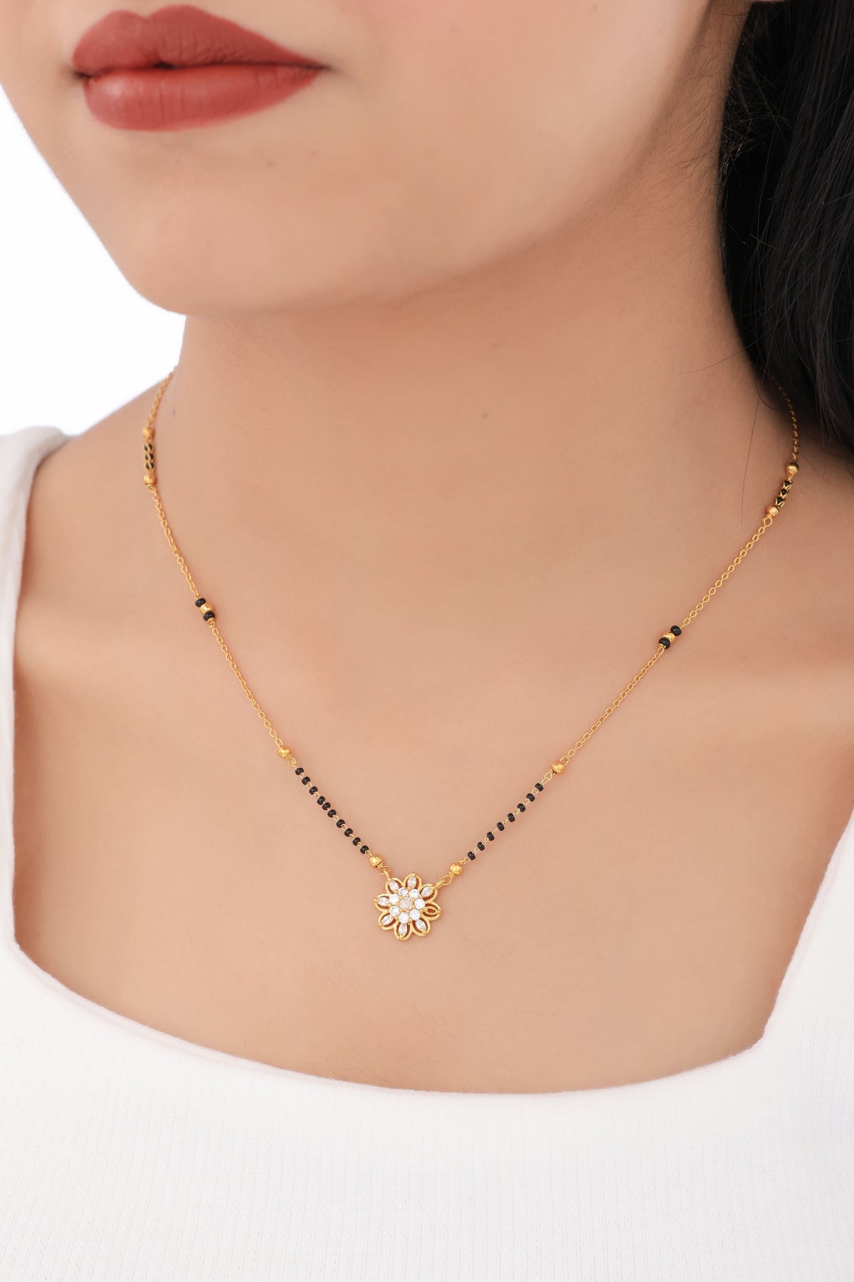 Buy 1 Get 1 Free -Floral CZ Minimal Mangalsutra | Elegant Gold Chain Black Beads Necklace - Mangalsutra - Belleza Jewels