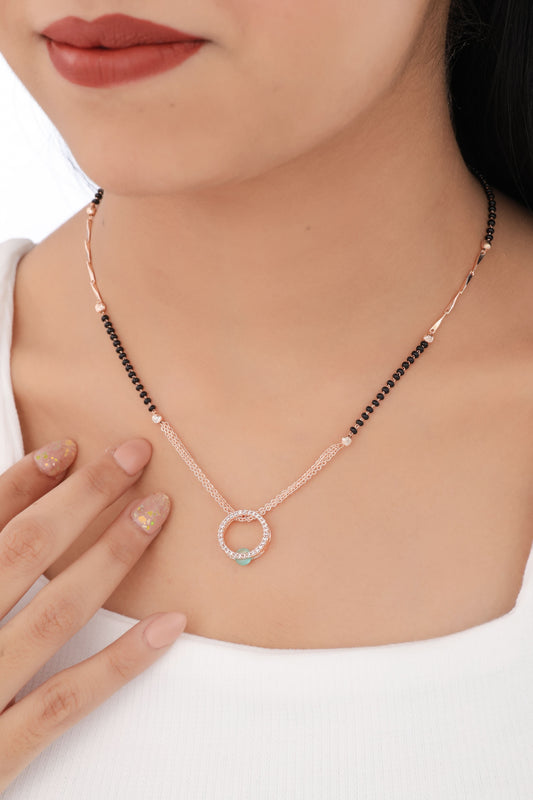Buy 1 Get 1 Free - Rose Gold Infinity Circle Mangalsutra (Black Beads & Crystal Ring Pendant) - Mangalsutra - Belleza Jewels
