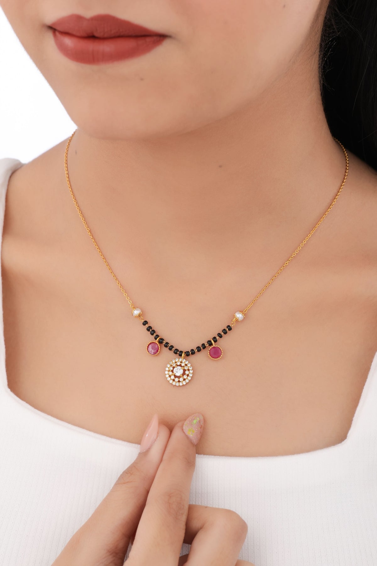 Buy 1 Get 1 Free - Ruby Drop Round CZ Mangalsutra - Mangalsutra - Belleza Jewels