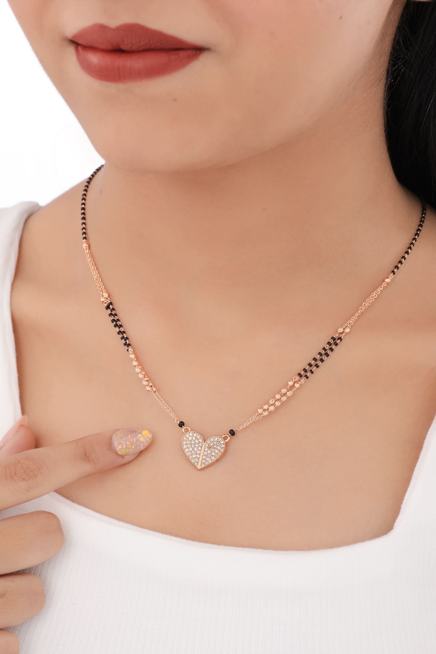 BUY 1 GET 1 FREE - American Diamond Rose Gold Plated  Delicate Heart Shape Fancy Mangalsutra