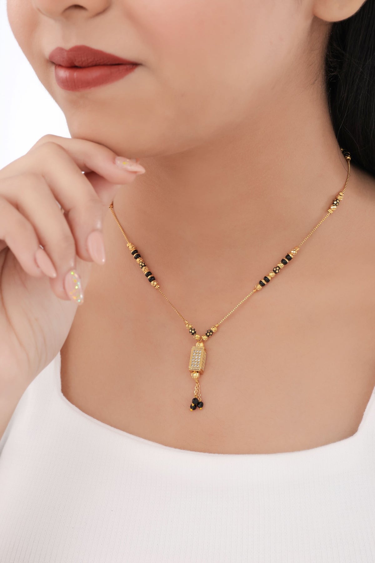 Buy 1 Get 1 Free -Minimal Rectangular Crystal Drop Black Bead Mangalsutra - Mangalsutra - Belleza Jewels