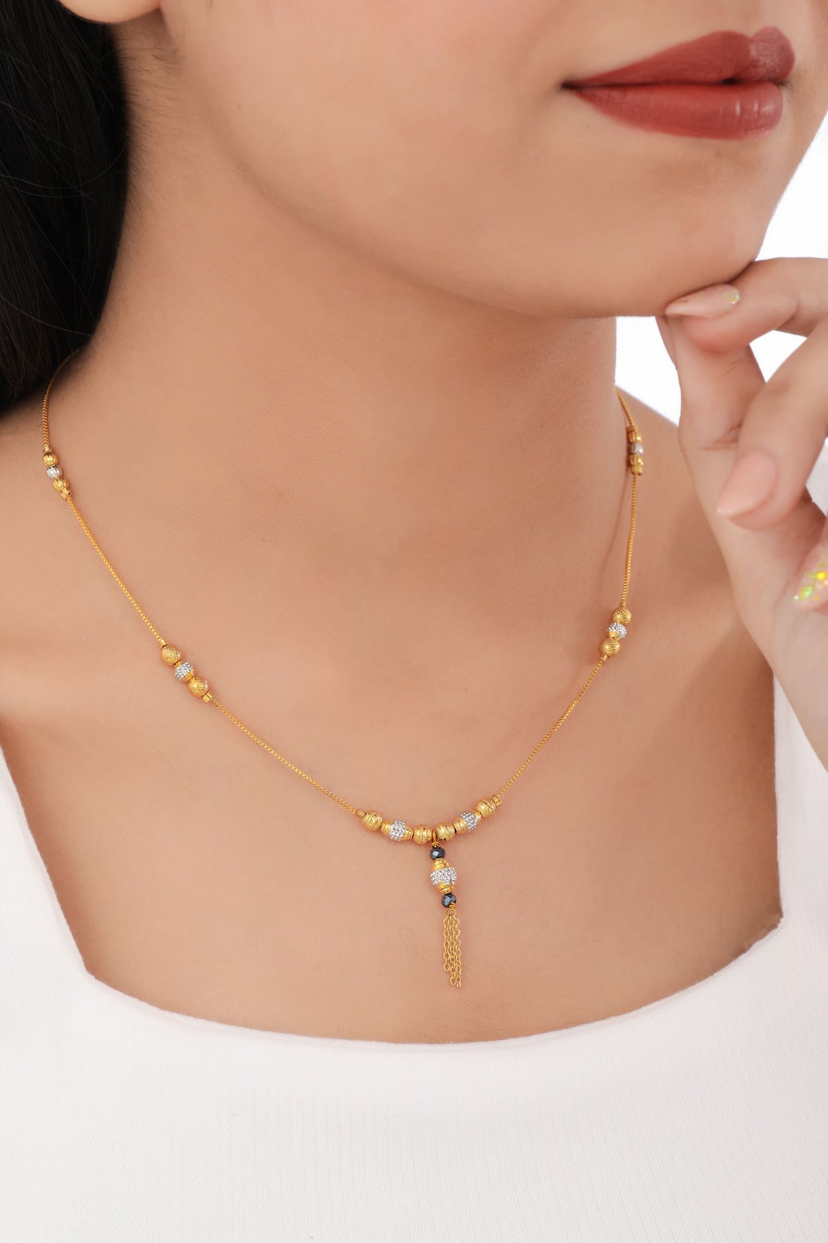 Buy 1 Get 1 Free -  Gold Bead Drop Mangalsutra | Minimal CZ Ball Tassel Design - Mangalsutra - Belleza Jewels