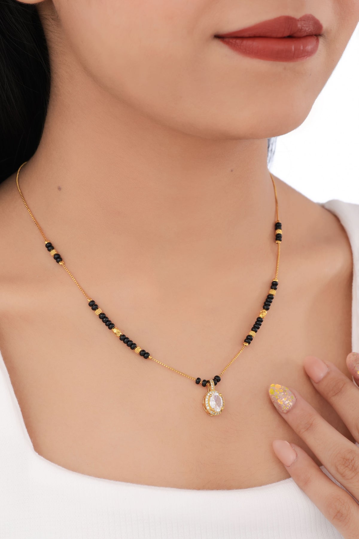 Buy 1 Get 1 Free -Gold Finish Oval CZ Drop Mangalsutra - Mangalsutra - Belleza Jewels