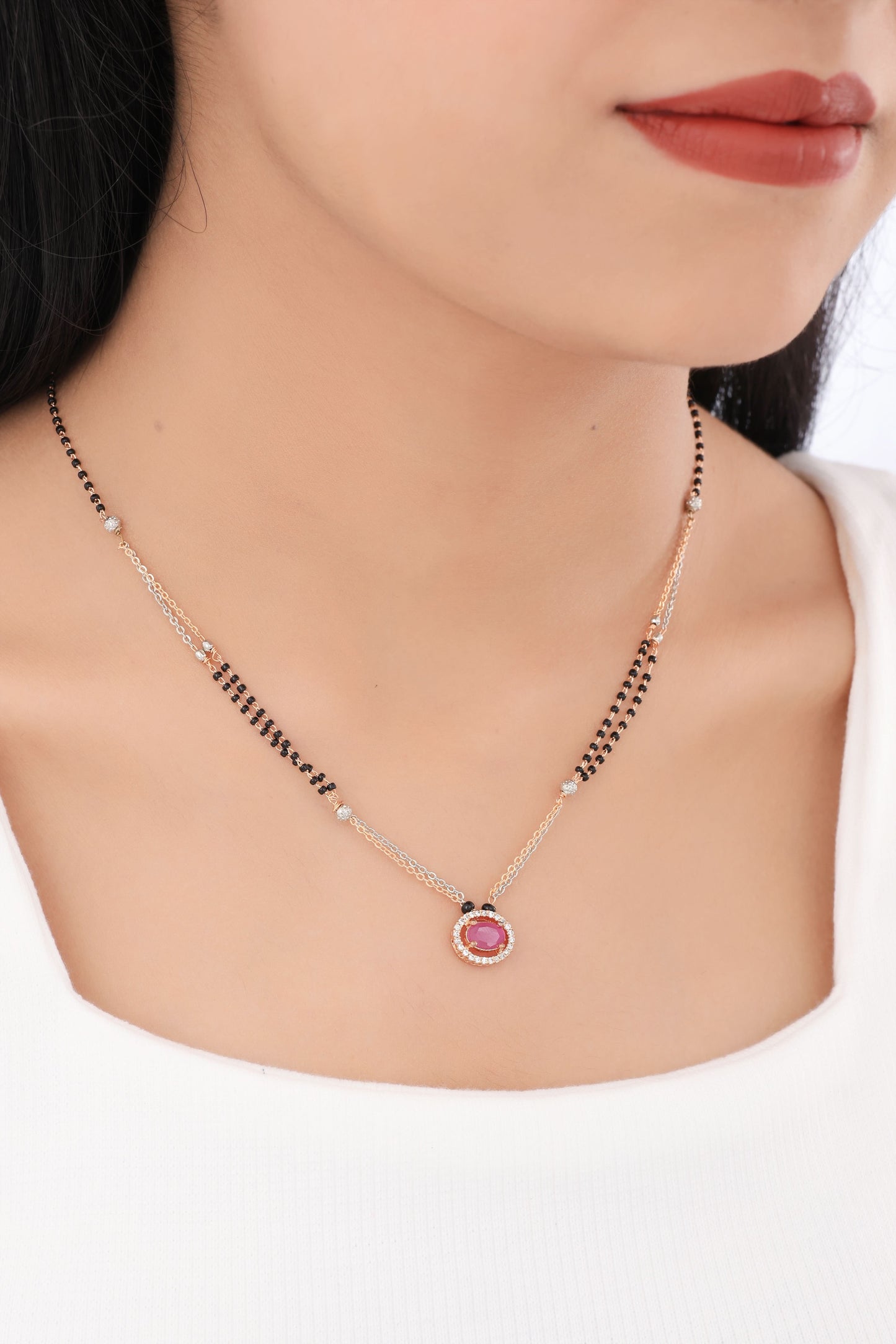 Buy 1 Get 1 Free - American Diamond High Gold Ruby colour Fancy Mangalsutra