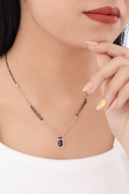 Buy 1 Get 1 Free -Black Rectangle CZ Pendant Mangalsutra | Dual Tone Chain with Black Beads - Mangalsutra - Belleza Jewels