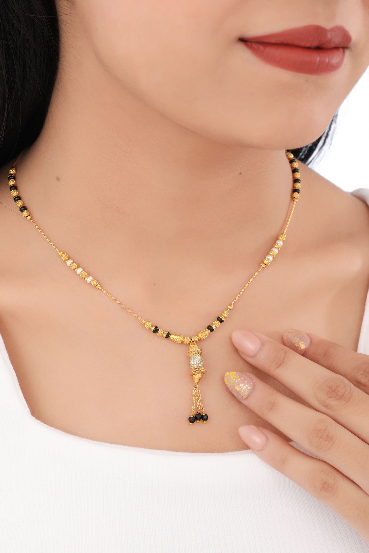 Buy 1 Get 1 Free -Traditional Gold Plated Mangalsutra with Black Beads & Stone Pendant - Mangalsutra - Belleza Jewels