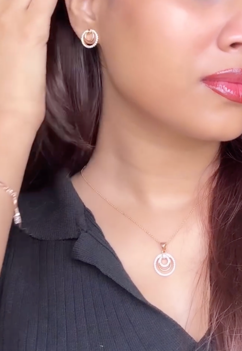 Elegance Pearl Aura Necklace & Stud Set — Rose Gold AD Circle Design