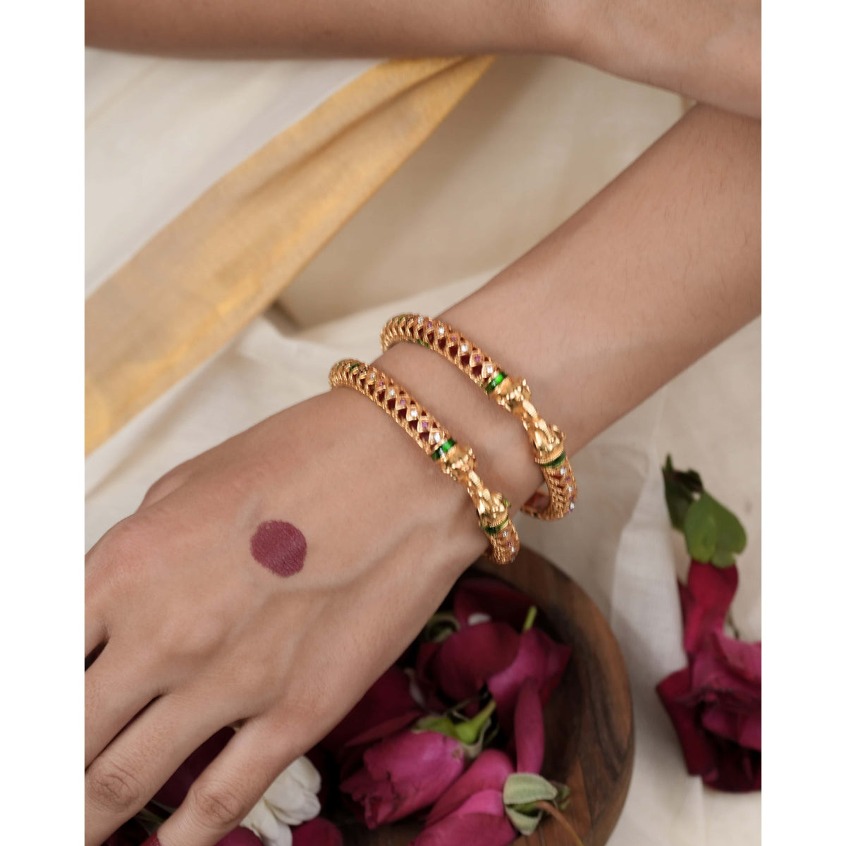 Buy 1 Get 1 Free- Fancy High Gold Ruby Green Elephant Delicate Bangles (Set of 2) - Bangles - Belleza Jewels