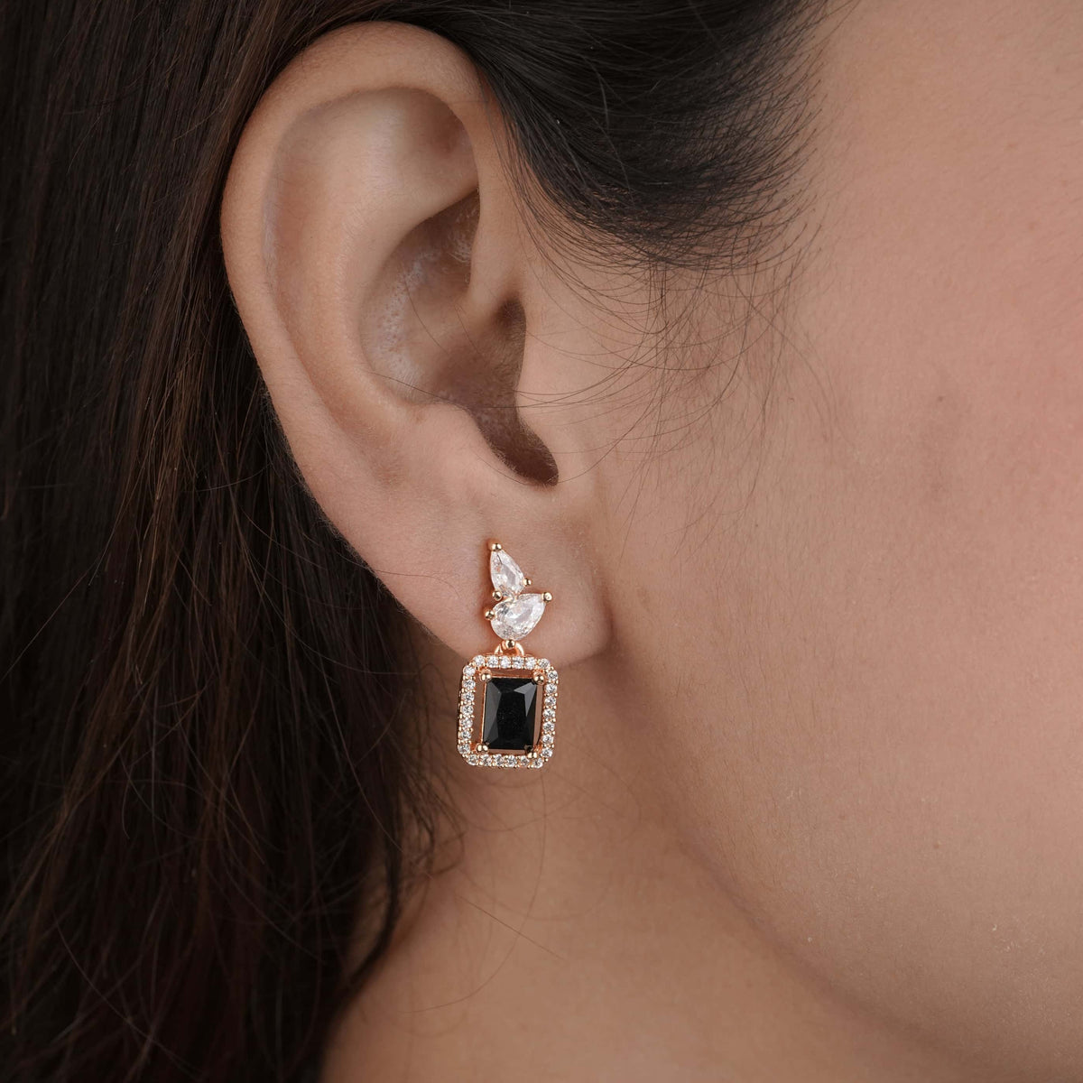 BUY 1 GET 1 FREE -Rose gold Rectangle black Diamond fancy Earrings. - Earrings - Belleza Jewels