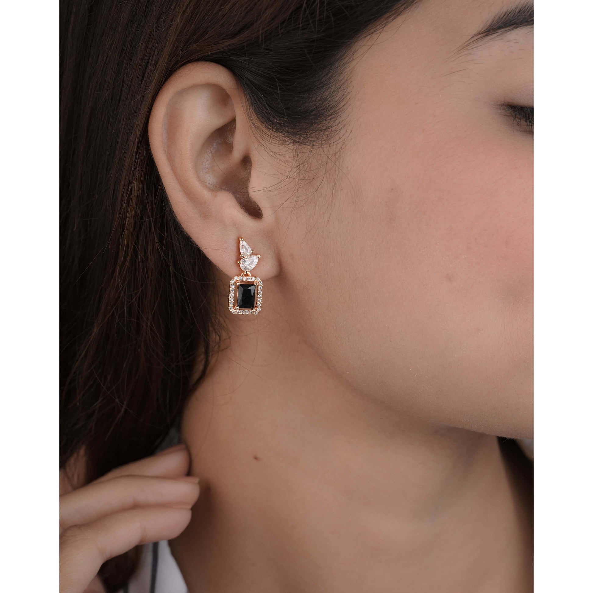 Buy 1 Get 1 Free -Rose gold Rectangle black Diamond fancy Earrings. - Earrings - Belleza Jewels