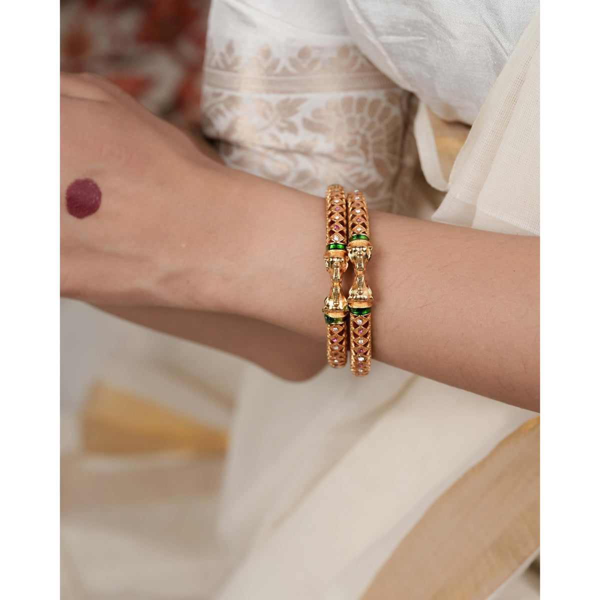 Buy 1 Get 1 Free- Fancy High Gold Ruby Green Elephant Delicate Bangles (Set of 2) - Bangles - Belleza Jewels