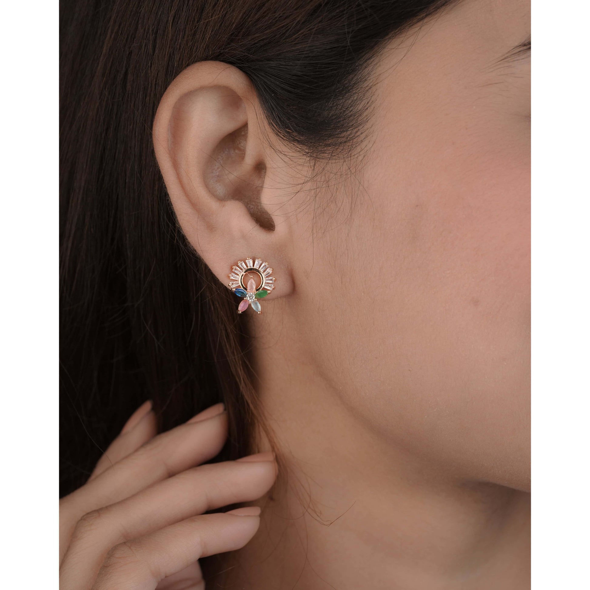 BUY 1 GET 1 FREE -American Diamond Multi color Rose Gold Earrings - Earrings - Belleza Jewels