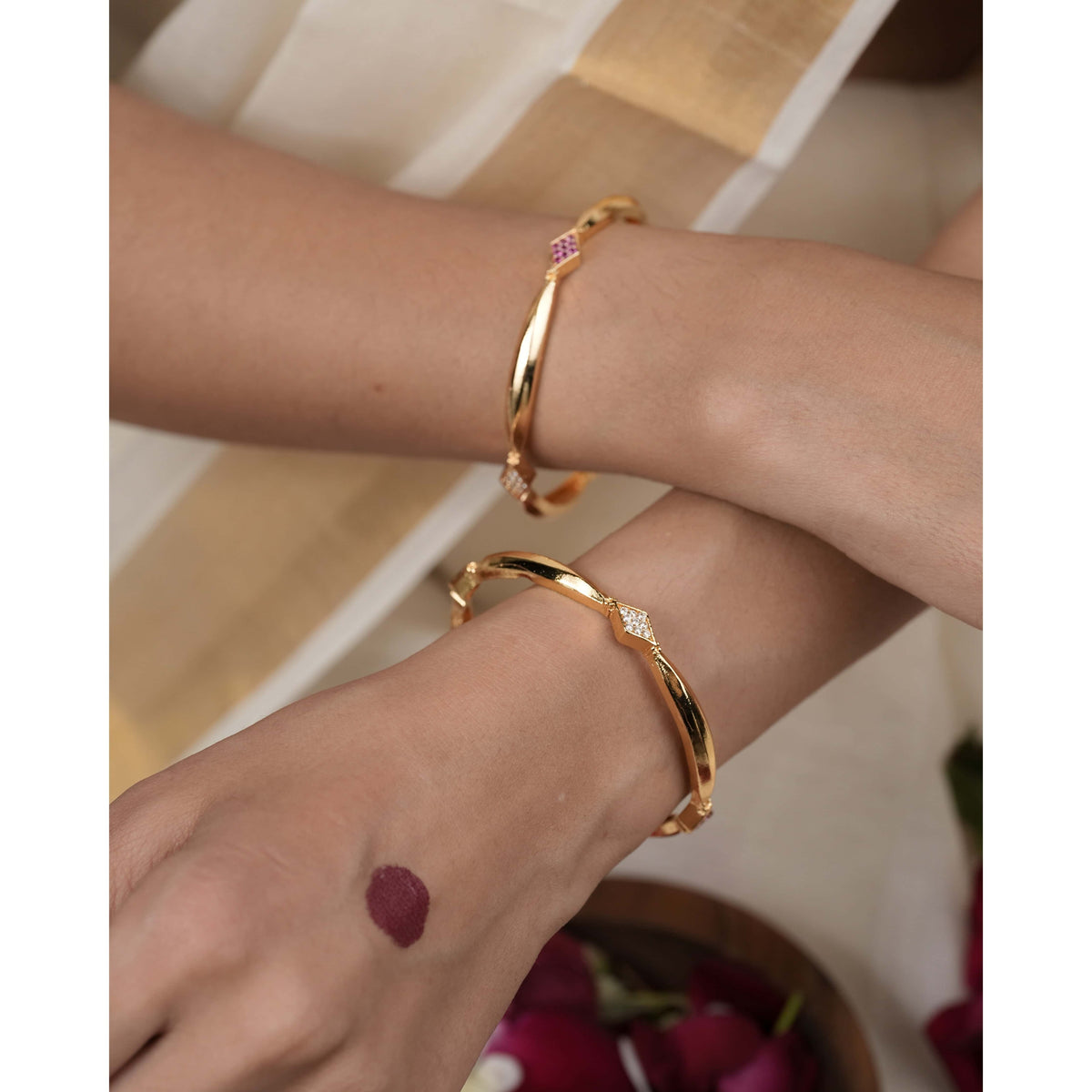 Fancy High Gold Delicate Bangles (Set of 2) - Bangles - Belleza Jewels