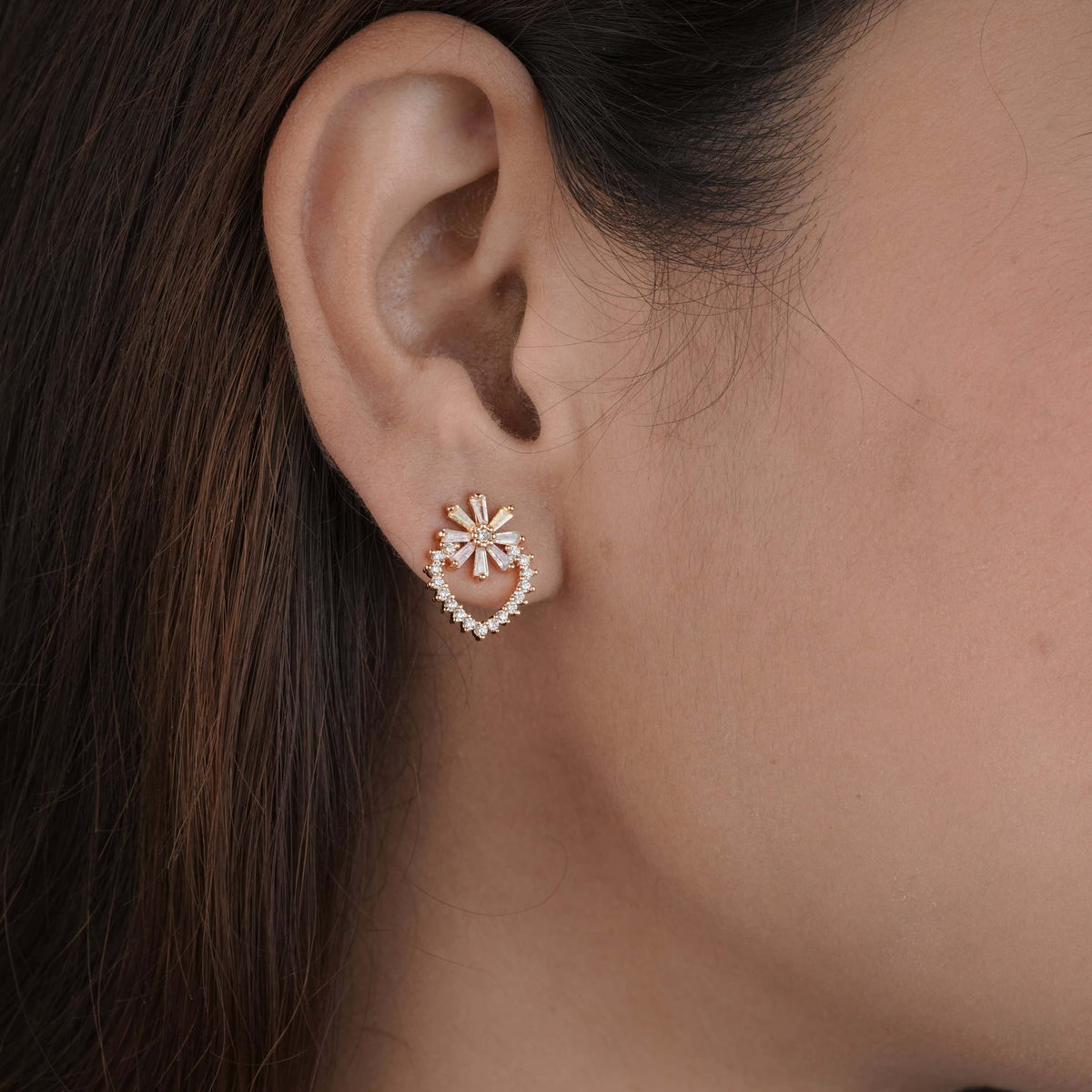 BUY 1 GET 1 FREE -American Diamond rose gold heart &flower shape Earrings. - Earrings - Belleza Jewels
