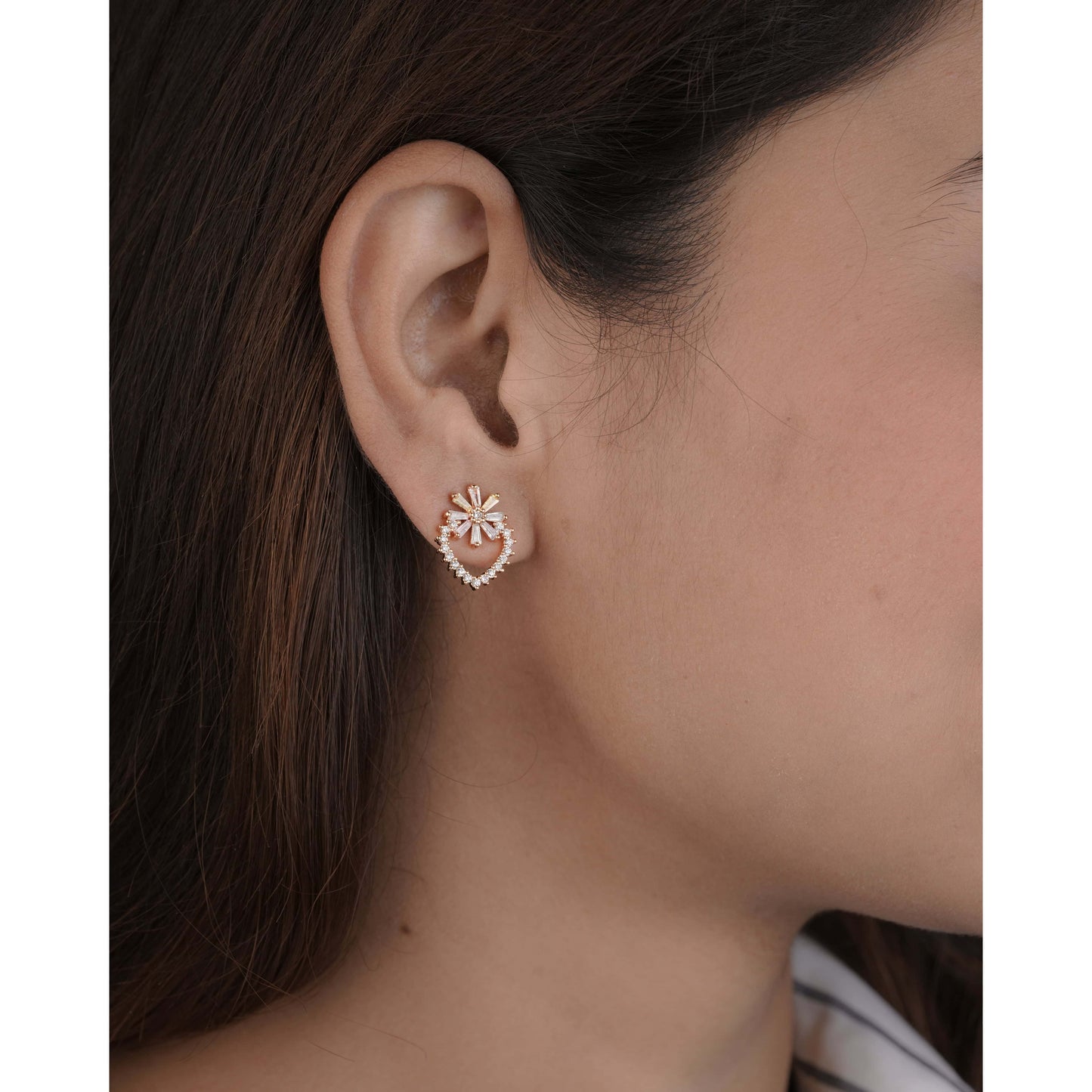 Buy 1 Get 1 Free -American Diamond rose gold  heart &flower shape Earrings - Earrings - Belleza Jewels
