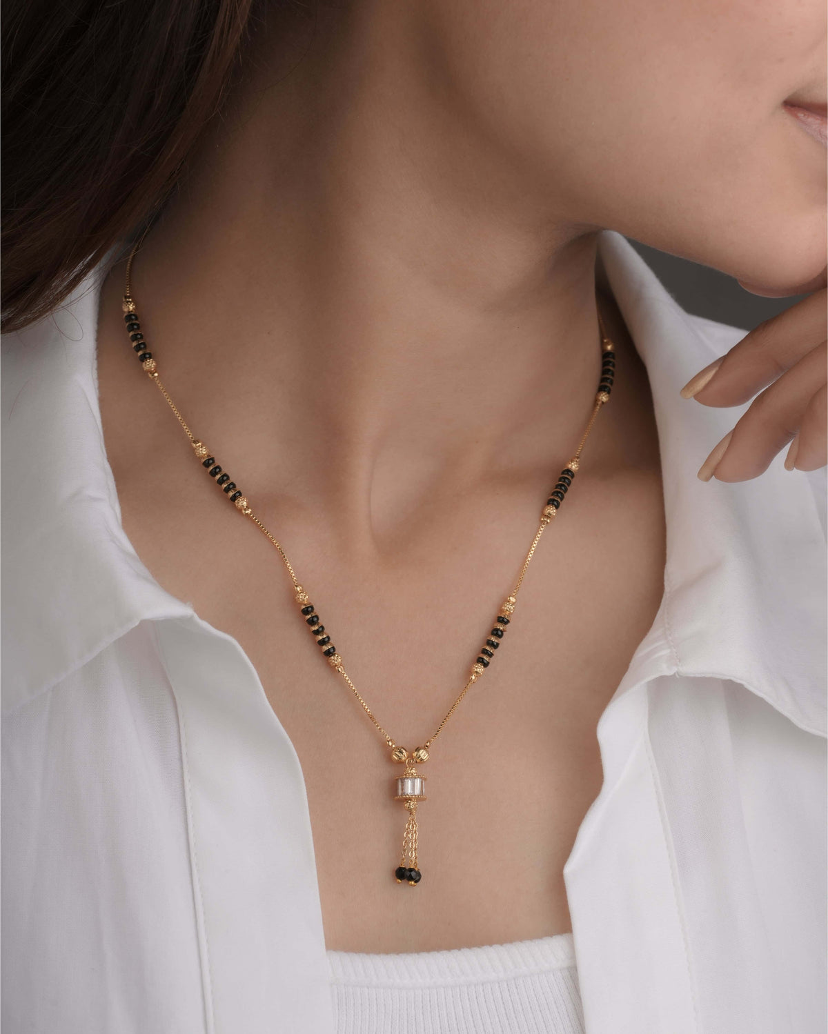 BUY 1 GET 1 FREE - Fancy Chowki Diamond Golden Hanging Delicate Mangalsutra - Mangalsutra - Belleza Jewels