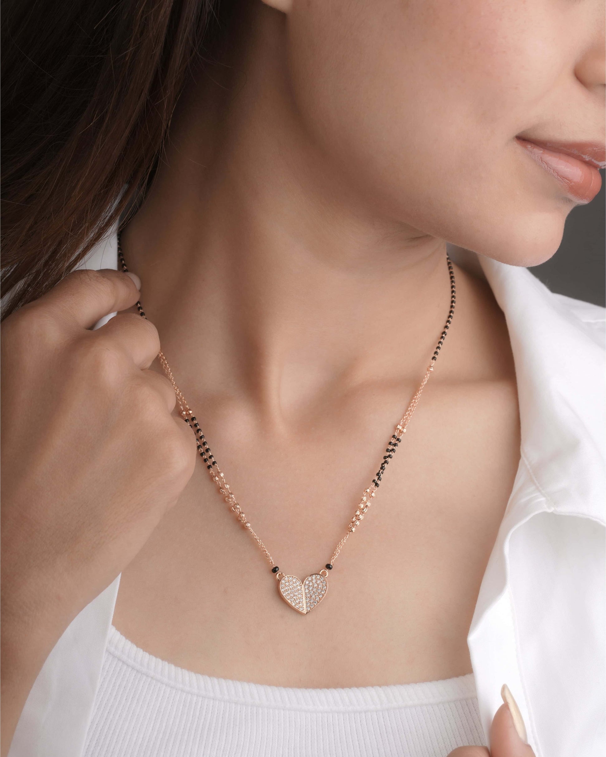 BUY 1 GET 1 FREE - American Diamond Rose Gold Plated Delicate Heart Shape Fancy Mangalsutra - Mangalsutra - Belleza Jewels