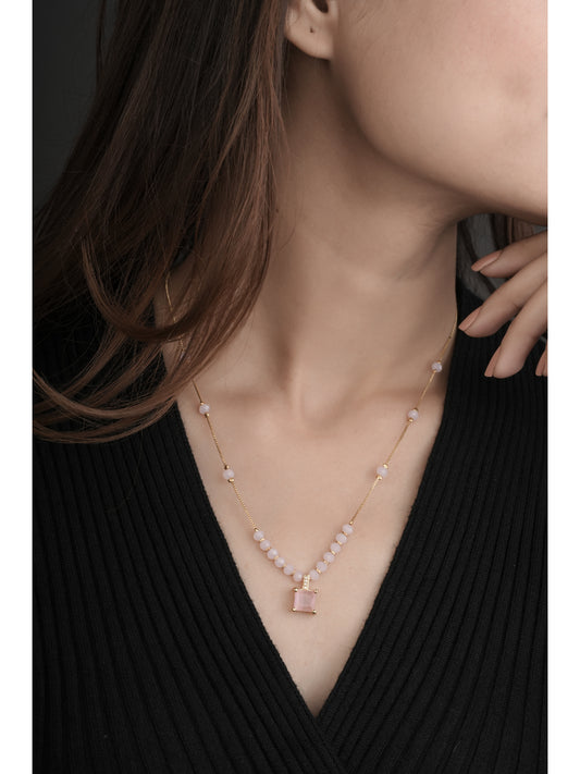 Fancy High Gold Plated Square Shape Pink Stone Chain Pendant