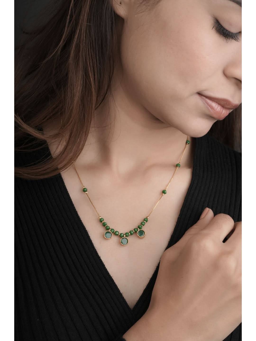 Fancy High Gold Plated Round Shape Green Stone Chain Pendant - Chain Pendant - Belleza Jewels
