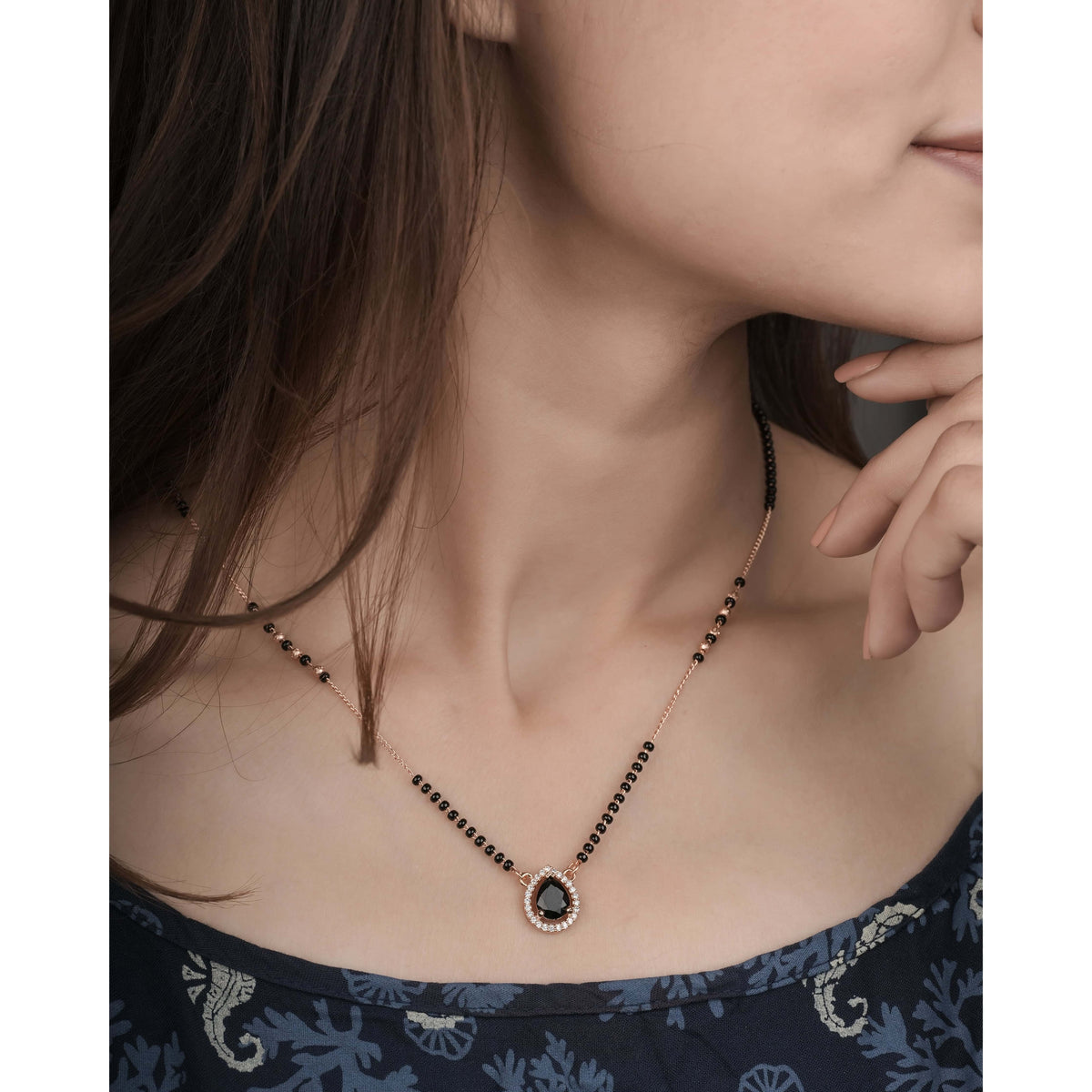 BUY 1 GET 1 Free- American Diamond Black colour Rose Gold Plated Fancy Mangalsutra - Mangalsutra - Belleza Jewels