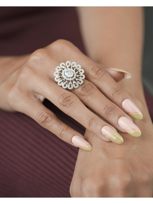 American Diamond Silver Plated Fancy Adjustable Ring