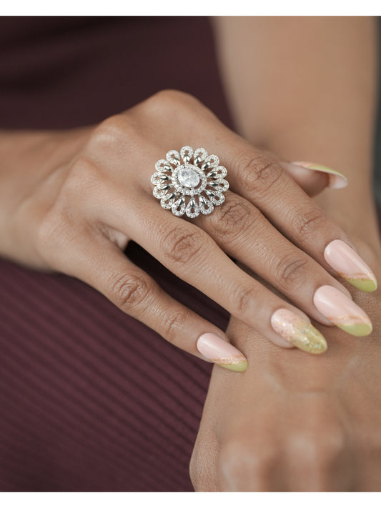 American Diamond Fancy Silver Plated Adjustable Ring