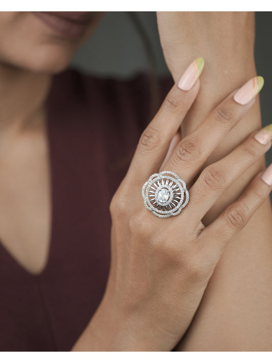 American Diamond Silver Plated Fancy Adjustable Ring