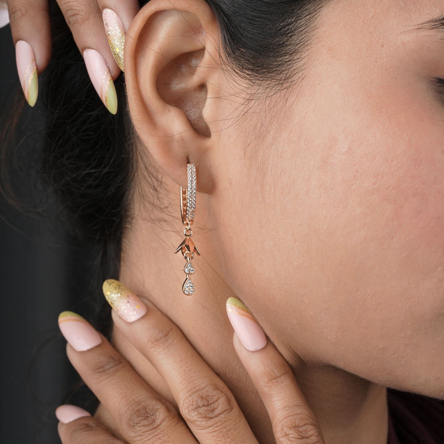 Buy 1 Get 1 Free -American Diamond Rose Gold Hanging Delicate Fancy Delicate Bali - BALI - Belleza Jewels