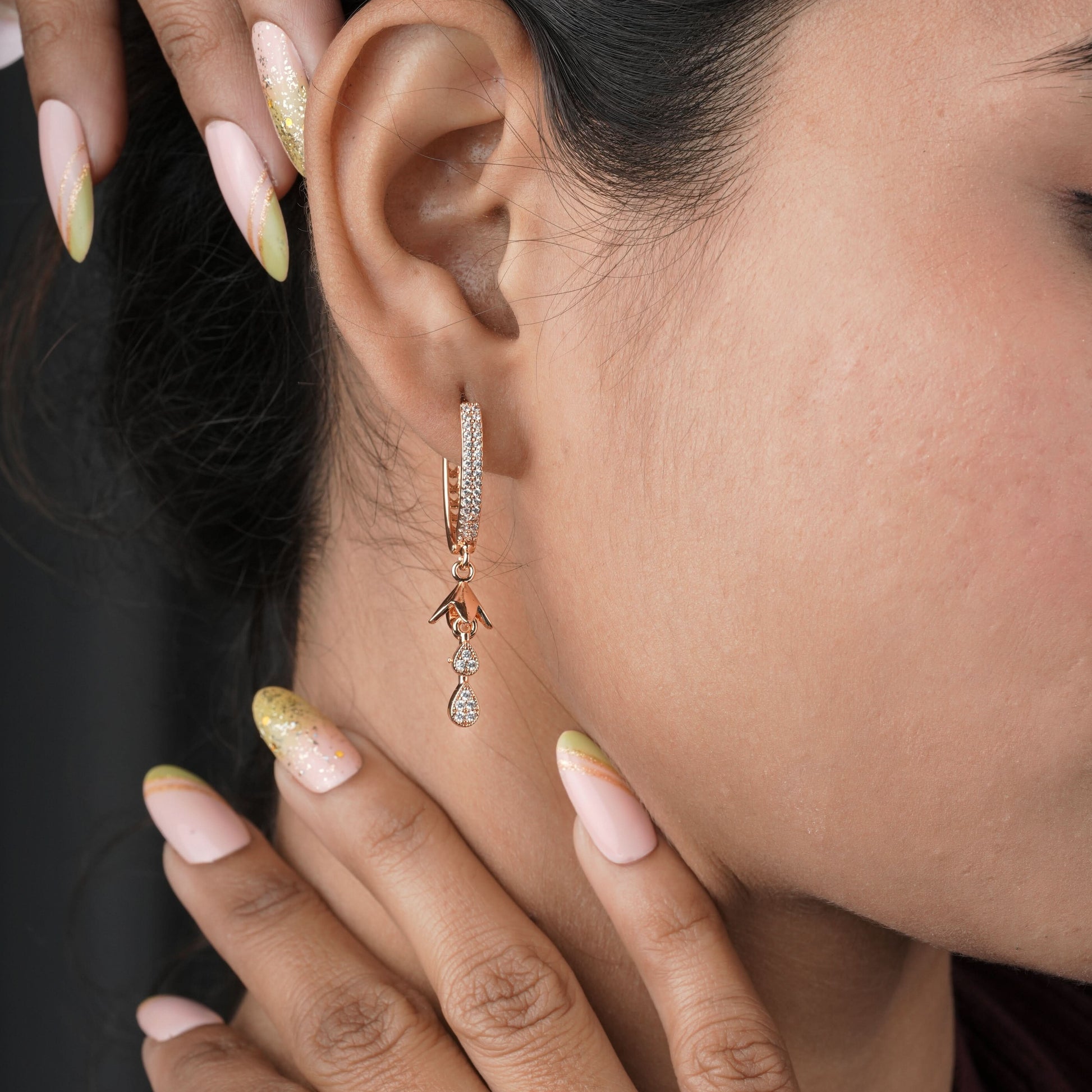 Buy 1 Get 1 Free -American Diamond Rose Gold Hanging Delicate Fancy Delicate Bali - BALI - Belleza Jewels