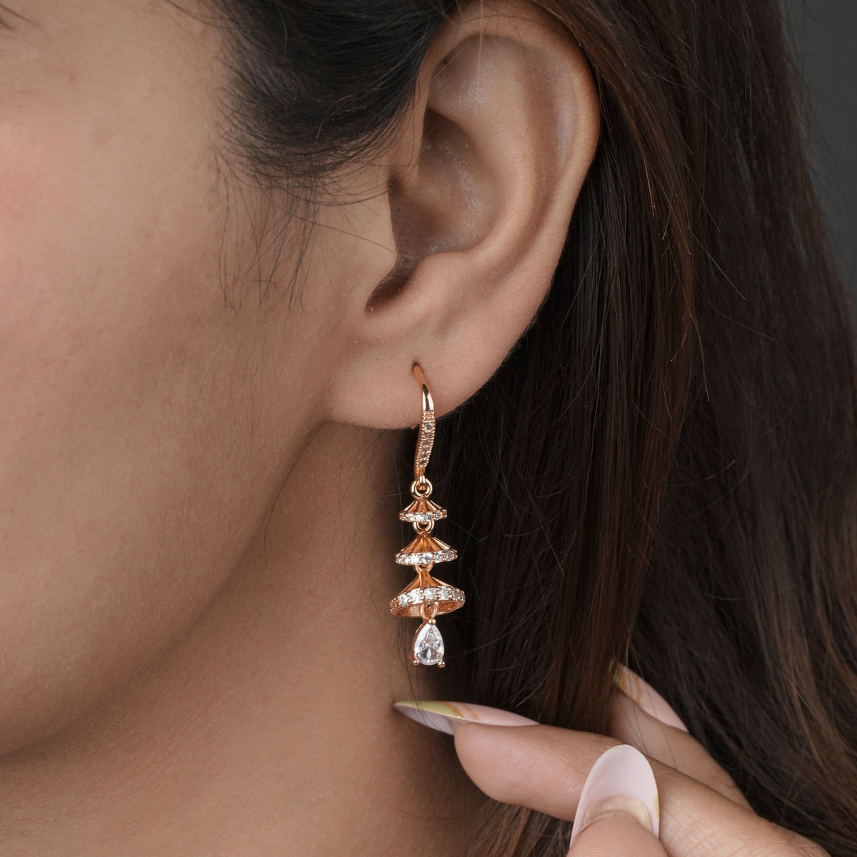 BUY 1 GET 1 FREE -American Diamond High Rose Gold Hanging Fancy Bali - BALI - Belleza Jewels