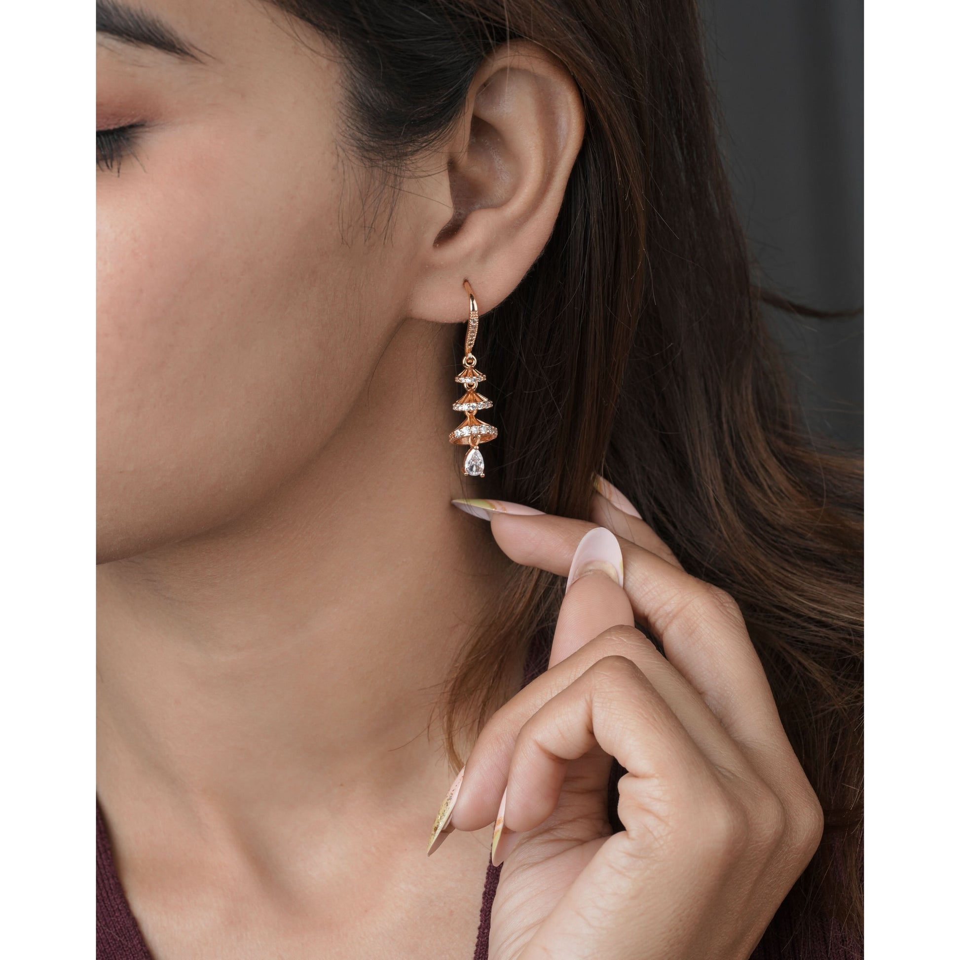 Buy 1 Get 1 Free -American Diamond High Rose Gold Hanging Fancy Bali - BALI - Belleza Jewels